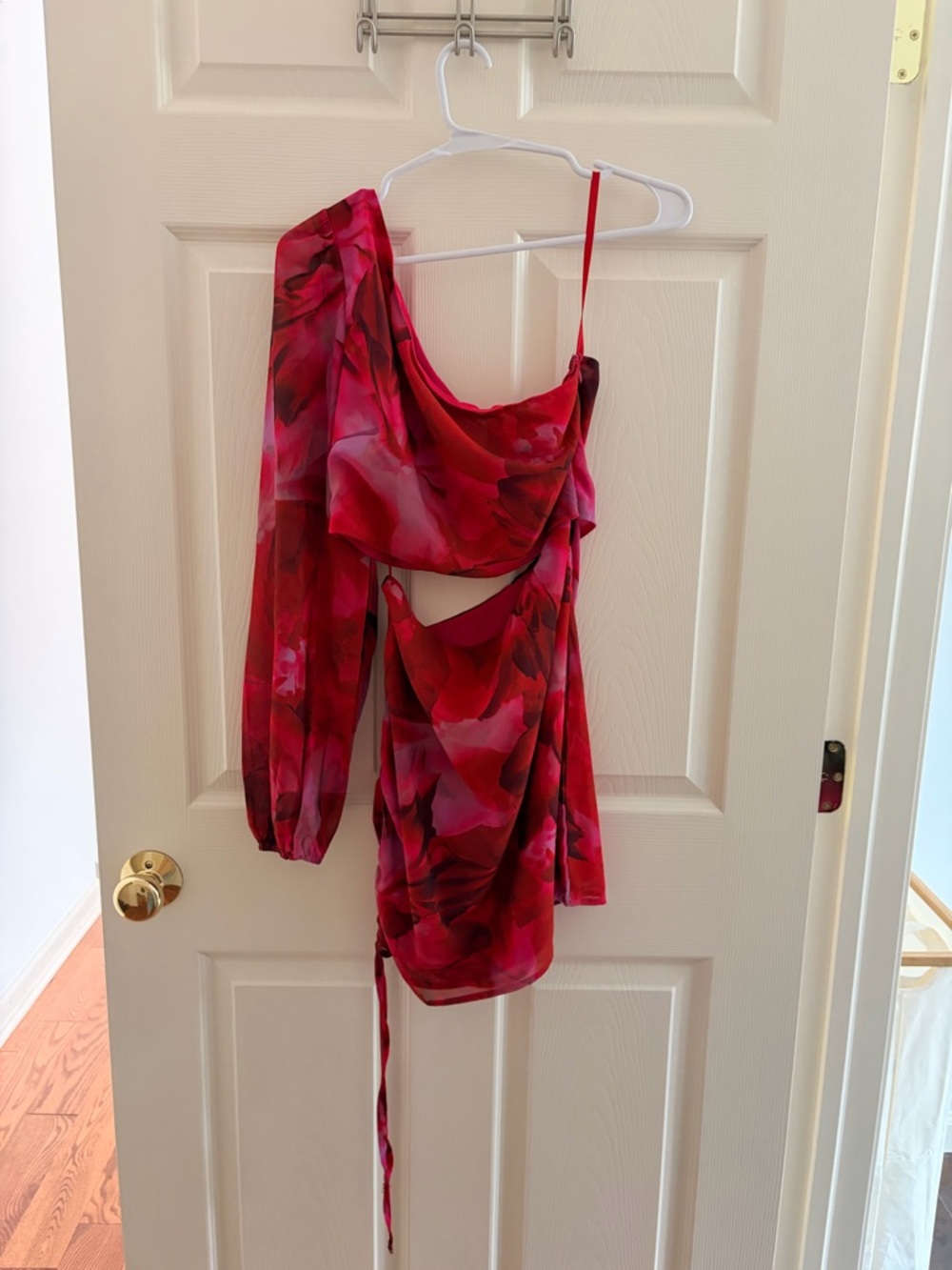 One-Shoulder Red Floral Mini Dress - Women